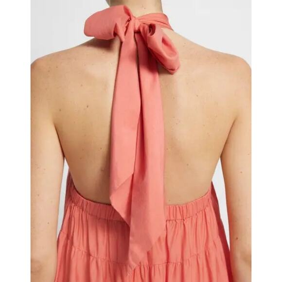 Theory Tiered Halter Maxi Dress Cotton Blend Pink Coral Large Event Minimalist - Picture 2 of 7